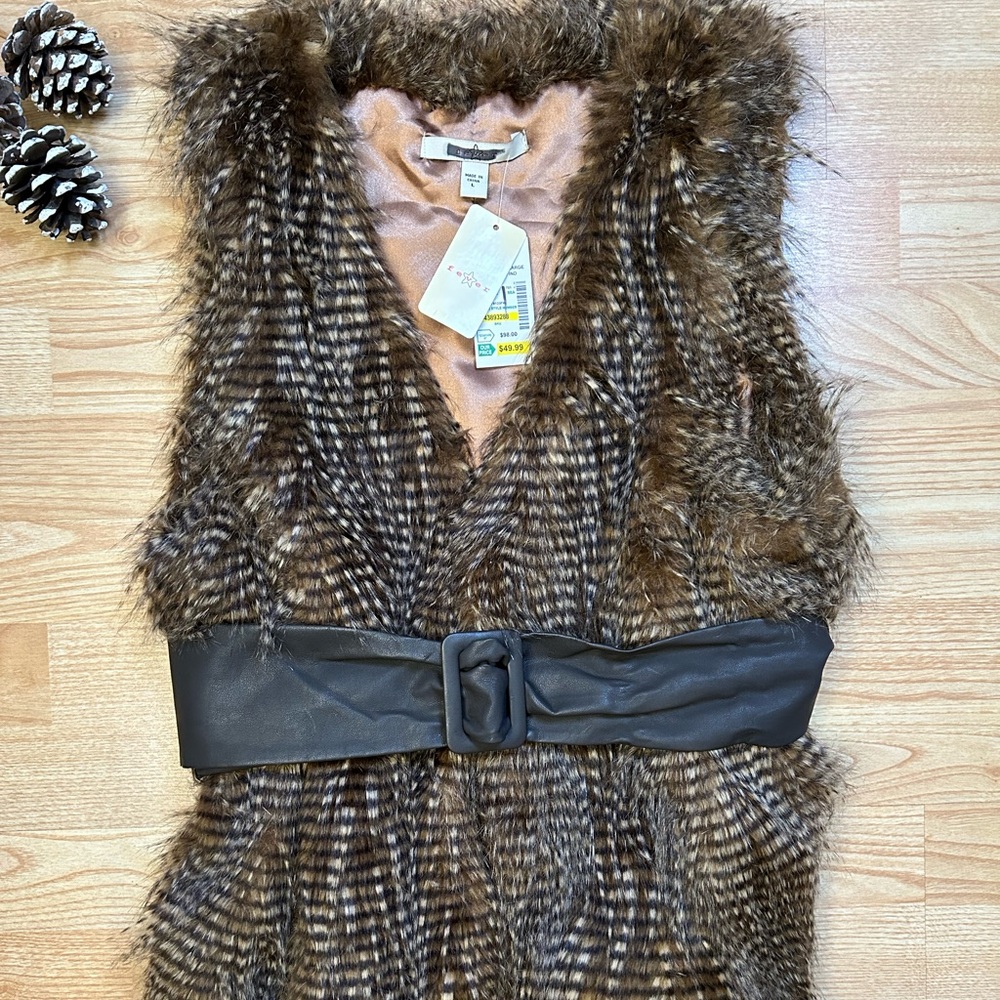 New With Tags FEVER Faux Fur Belted Brown Tunic Vest Size L
